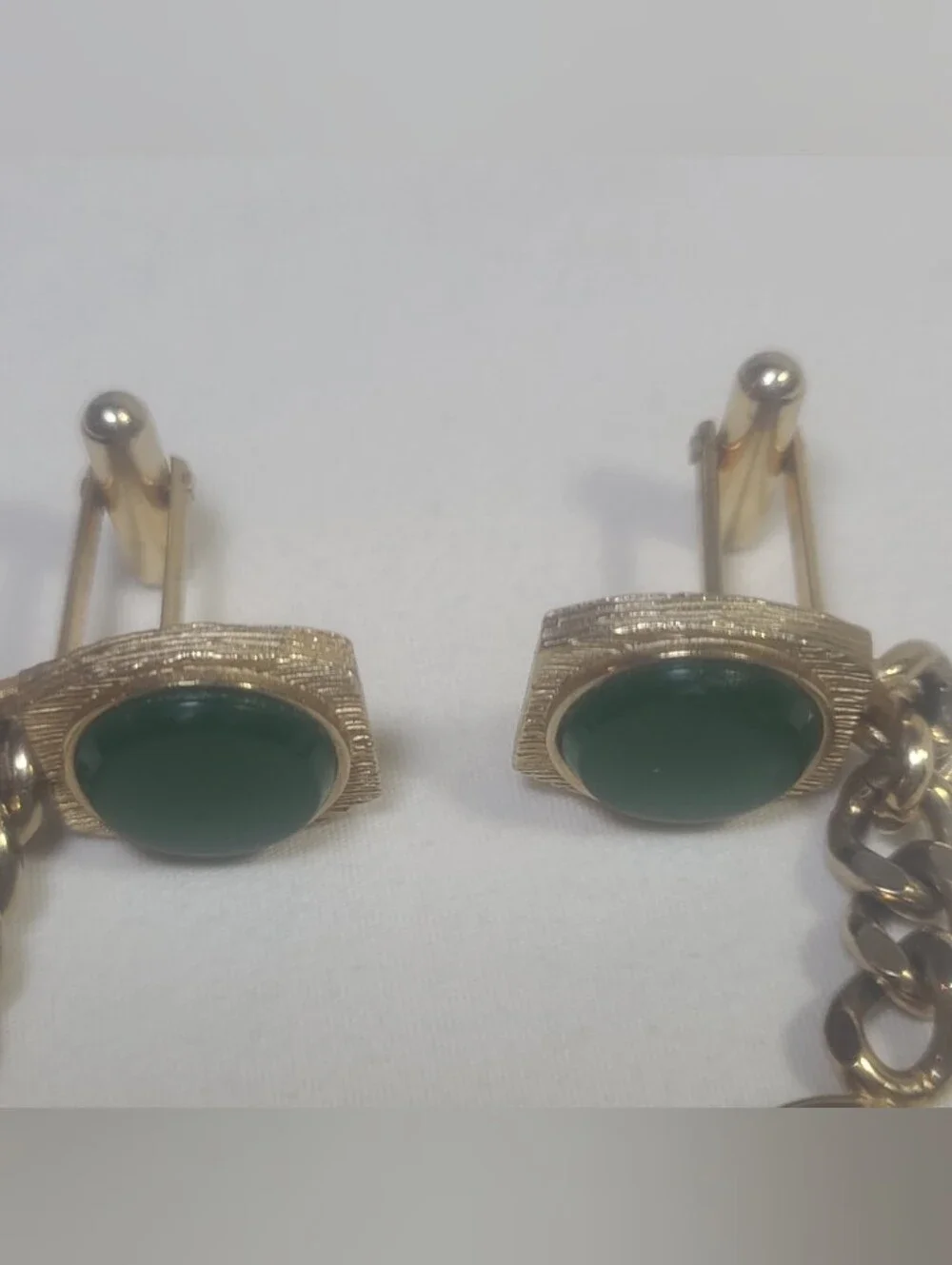 Vintage Swank Gold Tone & Green Stone Cuff Links Set